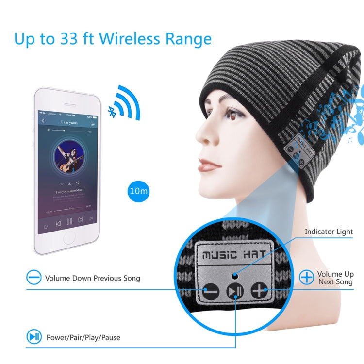 Black and gray striped beanie hat with fold-over cuff, control buttons on side