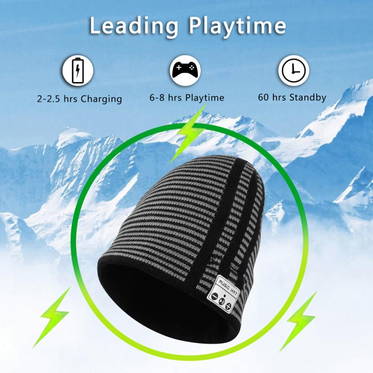 Black and gray striped knit beanie hat with fold-over cuff and side control patch
