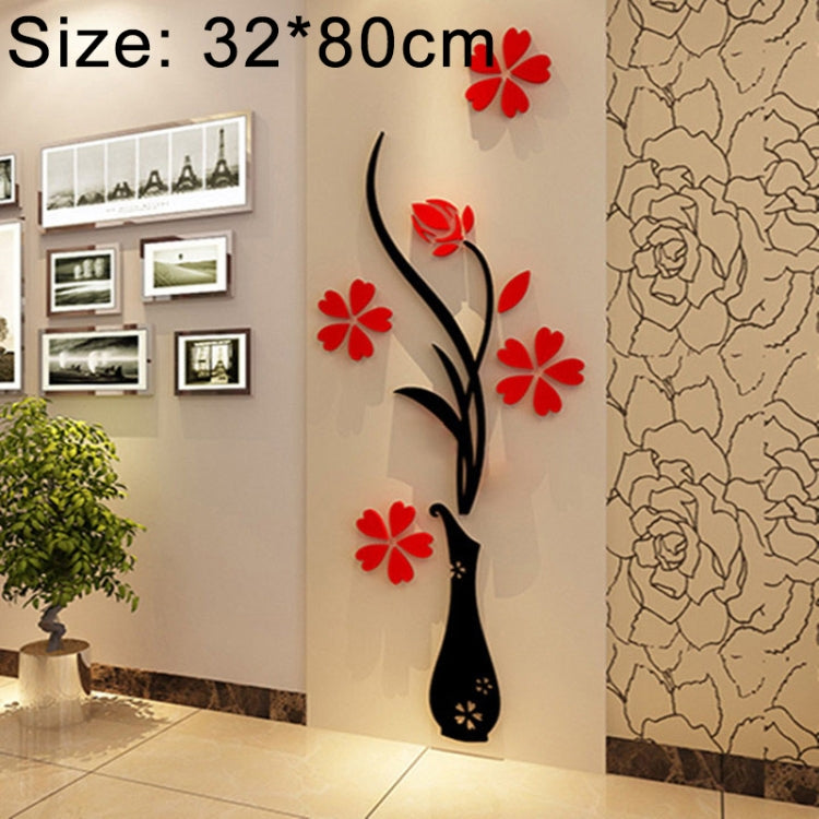 Black vase wall decal with red blossoms and branches, 3D acrylic stereo sticker design