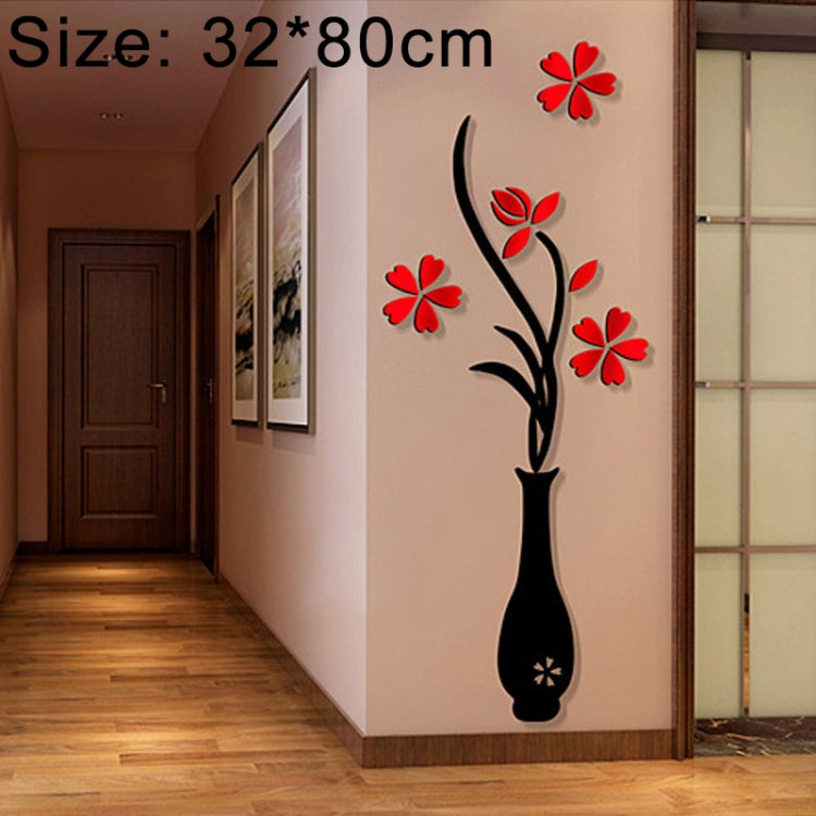 Black vase wall decal with red flower blossoms on hallway wall for home decoration