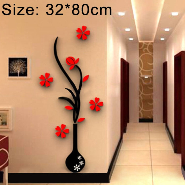 Black vase wall sticker with red flowers and branch design on corridor wall