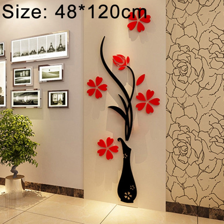 Black vase wall decal with red flower accents and vine design for home walls