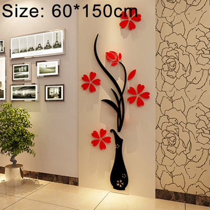 Black vase wall sticker with red flower accents, acrylic 3D floral decal