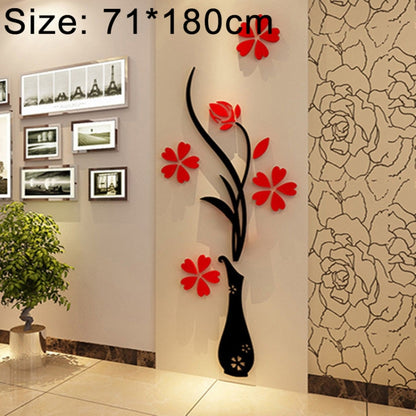 3D acrylic wall sticker of black vase with red flowers and leafy branches