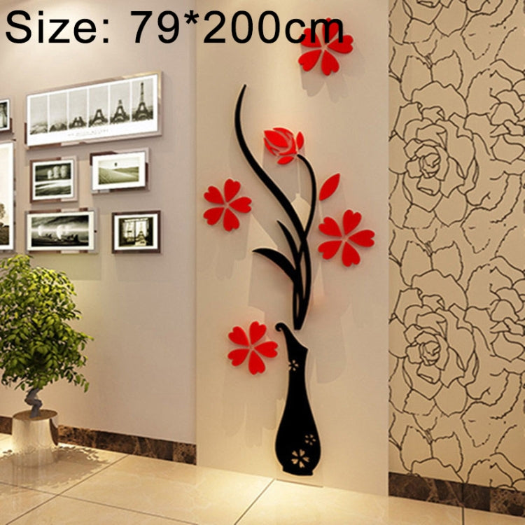 Black vase wall sticker with red flowers and stems, acrylic 3D stereo decal set