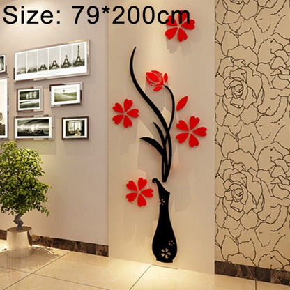 Black vase wall sticker with red flowers and stems, acrylic 3D stereo decal set