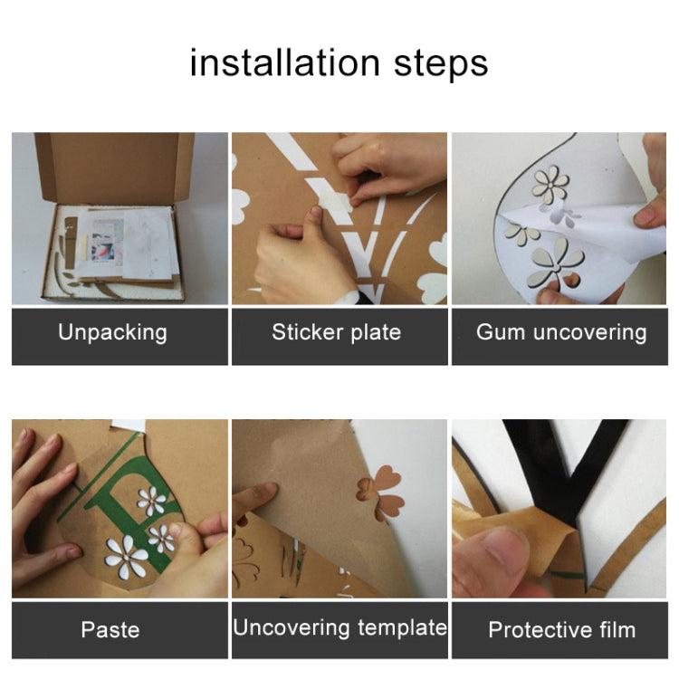 Wall sticker installation steps collage with peeling and paste instruction panels