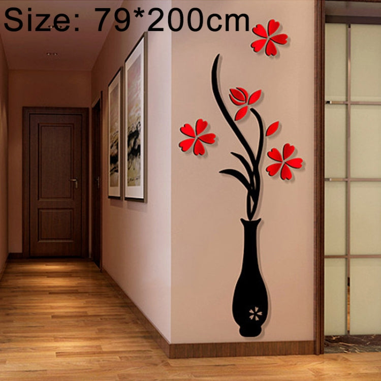 Black vase silhouette wall sticker with red blossoms and branches, acrylic 3D stereo decal