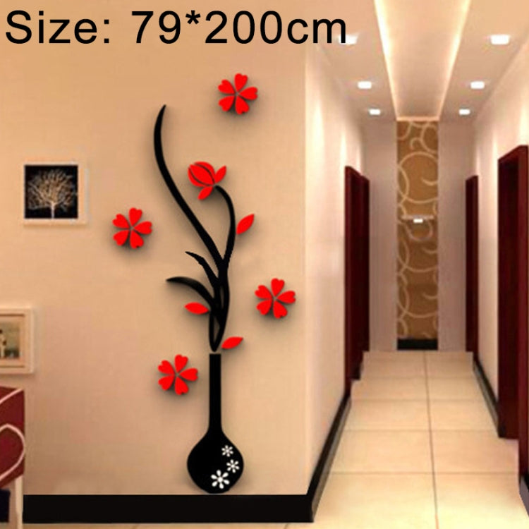 Black vase wall decal with red flowers and curved branches, acrylic 3D stereo sticker