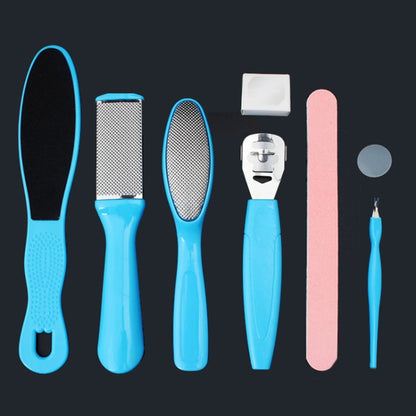 8-in-1 foot callus remover tool set with blue handles and textured scraping heads