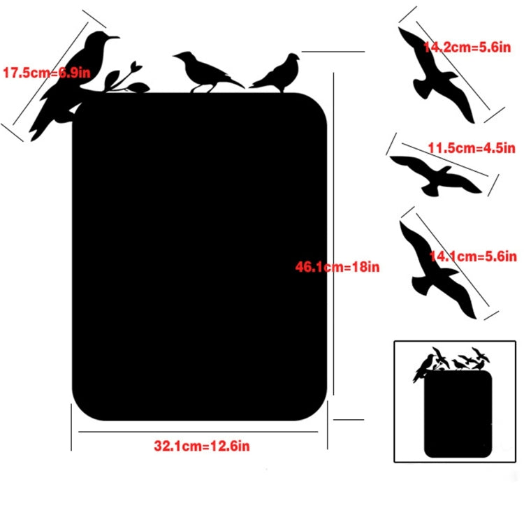Black chalkboard wall sticker with bird silhouettes and size measurement diagram