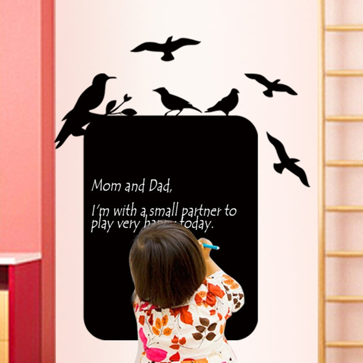 Black chalkboard wall sticker with birds, rounded rectangle shape, and family message