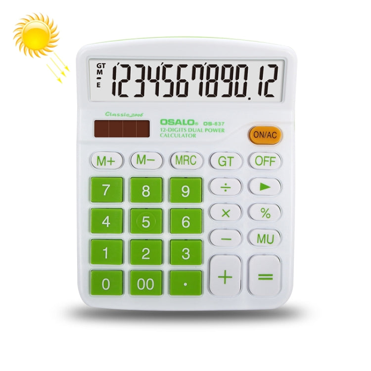 Desktop calculator with orange keypad, LCD screen, and rounded white body