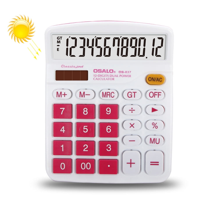 Desktop calculator with rose red keypad buttons and LCD display on white body
