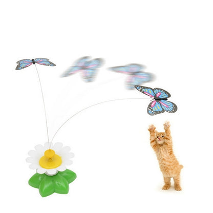 Electric butterfly flying cat toy set with butterfly decals, flower base, and small tabby cat
