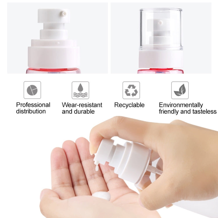 Hands holding a white pump travel bottle set with translucent body, leak-proof 100ml (5-pack)