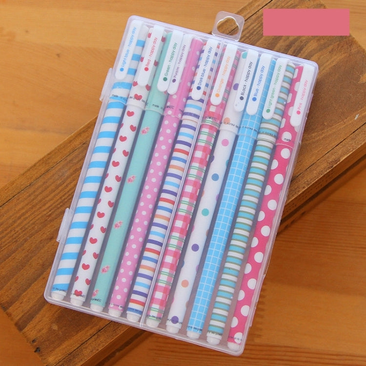 Set of decorative 0.5mm gel pens in clear plastic case, floral and polka-dot stripes