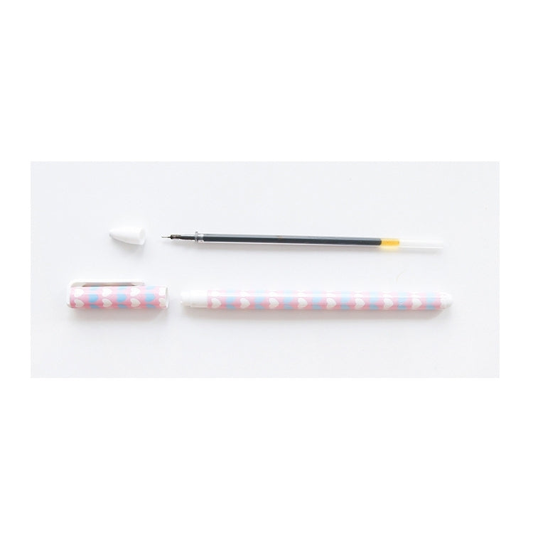 0.5mm gel pens with pastel striped barrels and patterned grips, shown with caps