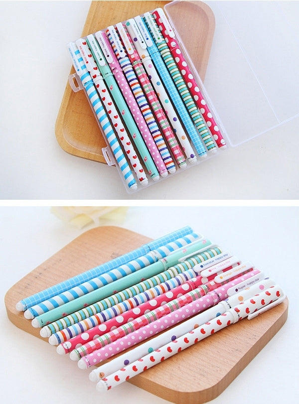 Colorful 0.5mm gel pen set with floral polka-dot and striped barrels on wooden tray