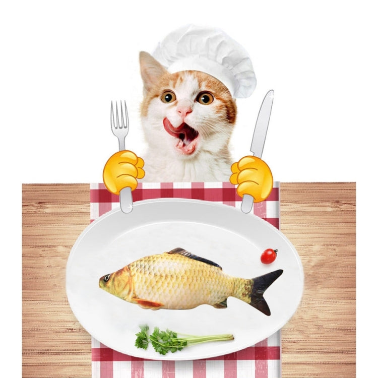 Fish-shaped cat scratching toy with yellow plush scales and small red fin