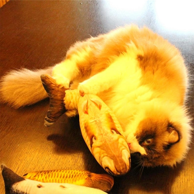 Cat lying with fish-shaped scratching toy; yellow plush scales and curled tail