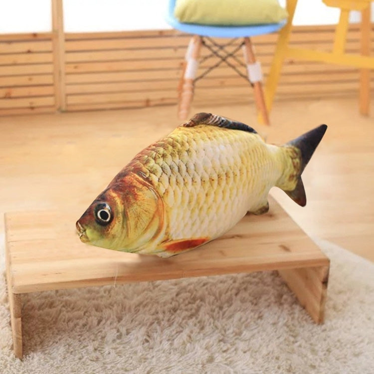 Fish-shaped cat scratching toy with realistic painted face on a wooden base