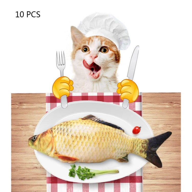 Fish-shaped plush scratching toy on a base, shown with cat toy-use