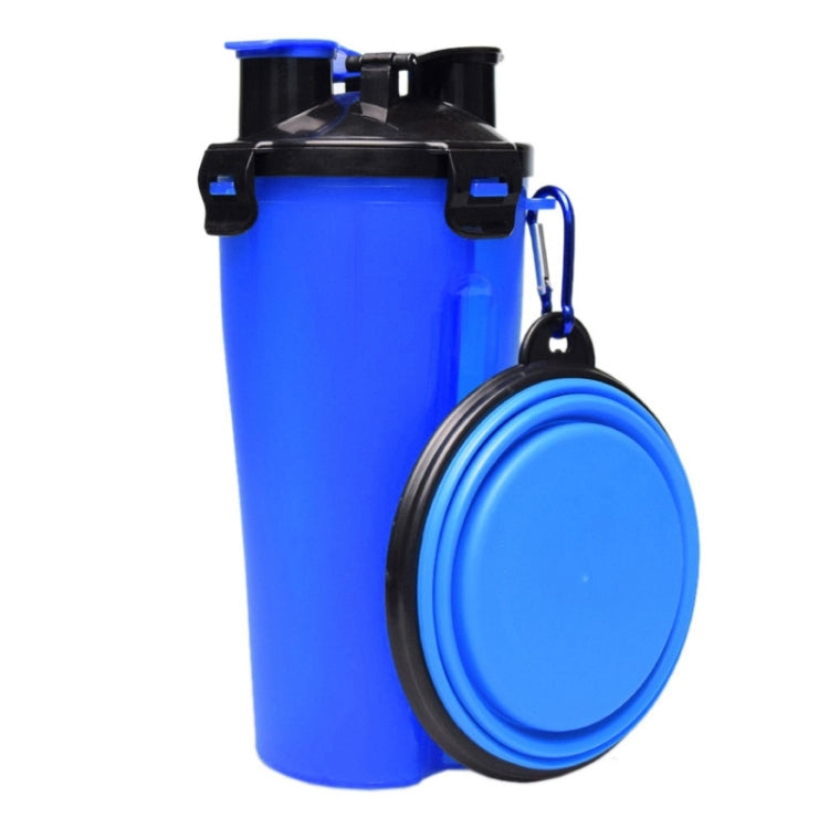 Blue dual-use pet cup with folding bowl, black lid, and hanging carabiner handle
