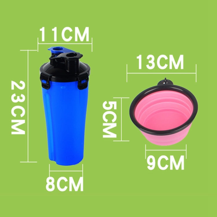 Blue portable pet water/food cup with folding bowl shown with size measurements