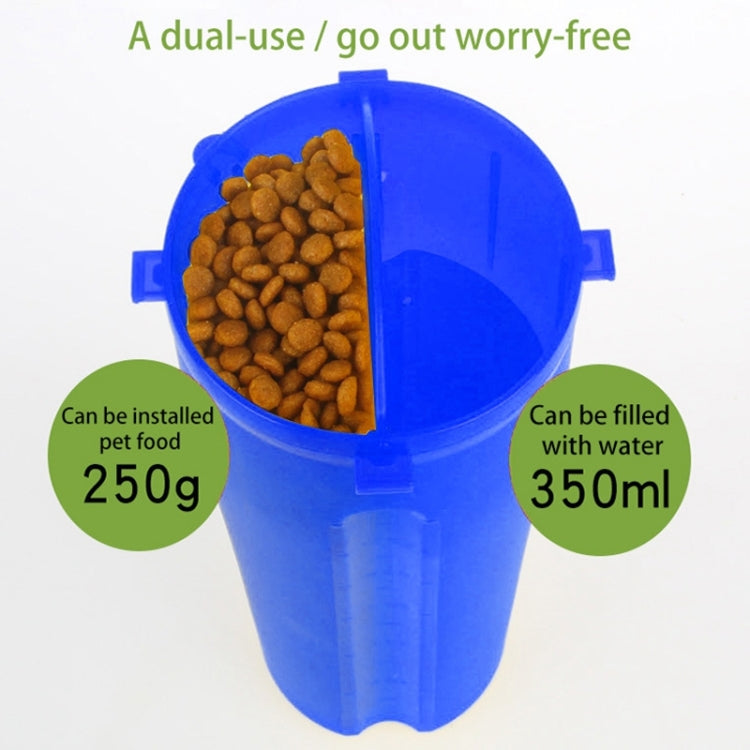 Blue dual-use pet cup with open top holding dry kibble and a folding bowl