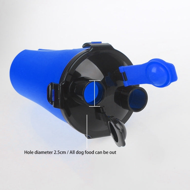 Blue portable pet cup with folding bowl, black nozzle, and blue carry loop