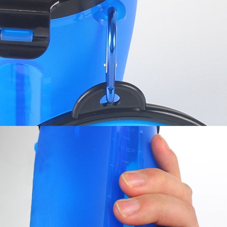 Blue portable pet cup with open folding-bowl cover and finger pressing latch