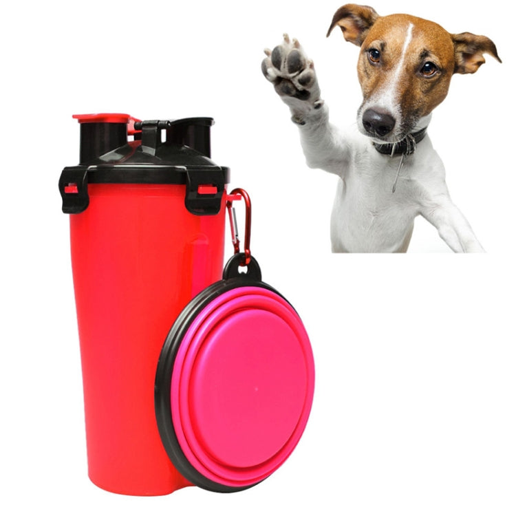 Red portable pet water and food cup with folding bowl, black lid, and strap
