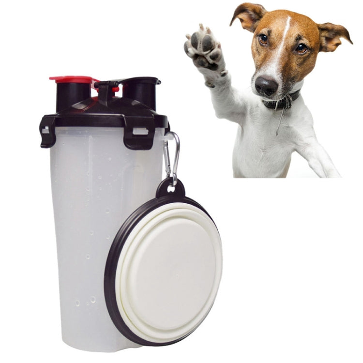 Clear transparent portable pet water and food cup with folding bowl and black lid