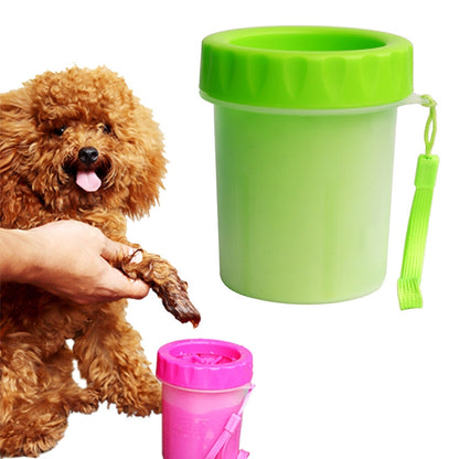 Pet foot cleaning cup with silicone bristles, green cup, lid, and carrying strap