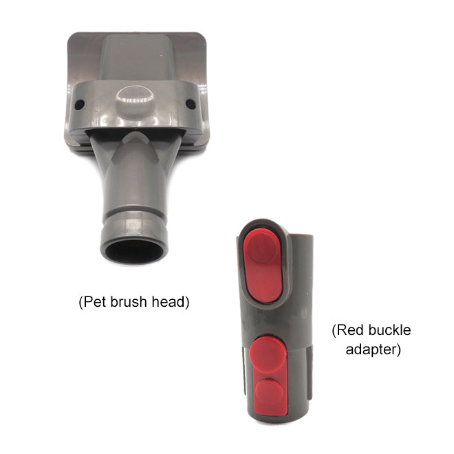Handheld pet brush head and red-buckle adapter tool, shown with two red controls