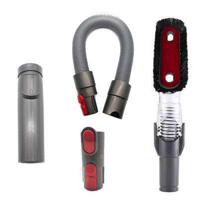 Vacuum attachment kit with gray hose, suction tools, and red/black brush head