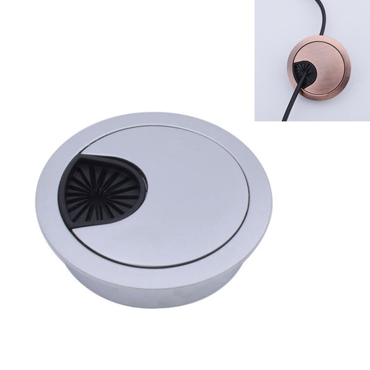 Round desk cable hole cover, zinc alloy in silver-gray finish with black vent insert.