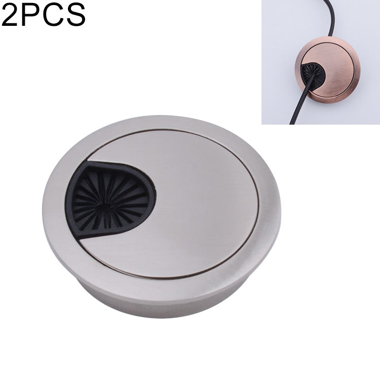 Round 60mm zinc alloy desk grommet cover in silver with black vented cable opening insert