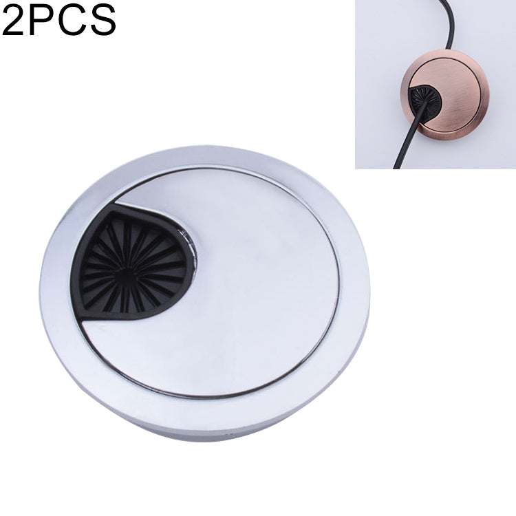 Round 60mm zinc alloy desk grommet cover in silver with black vented cable opening insert