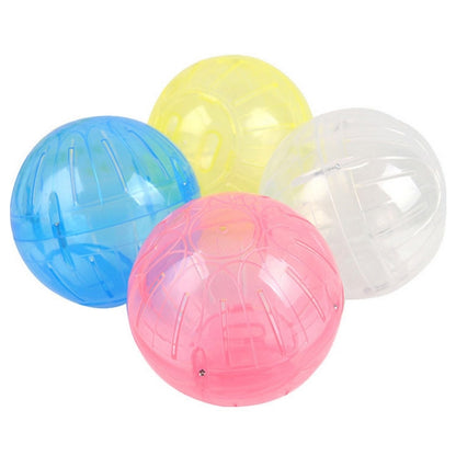 Set of 4 translucent hamster exercise balls in pink, blue, yellow, and white.