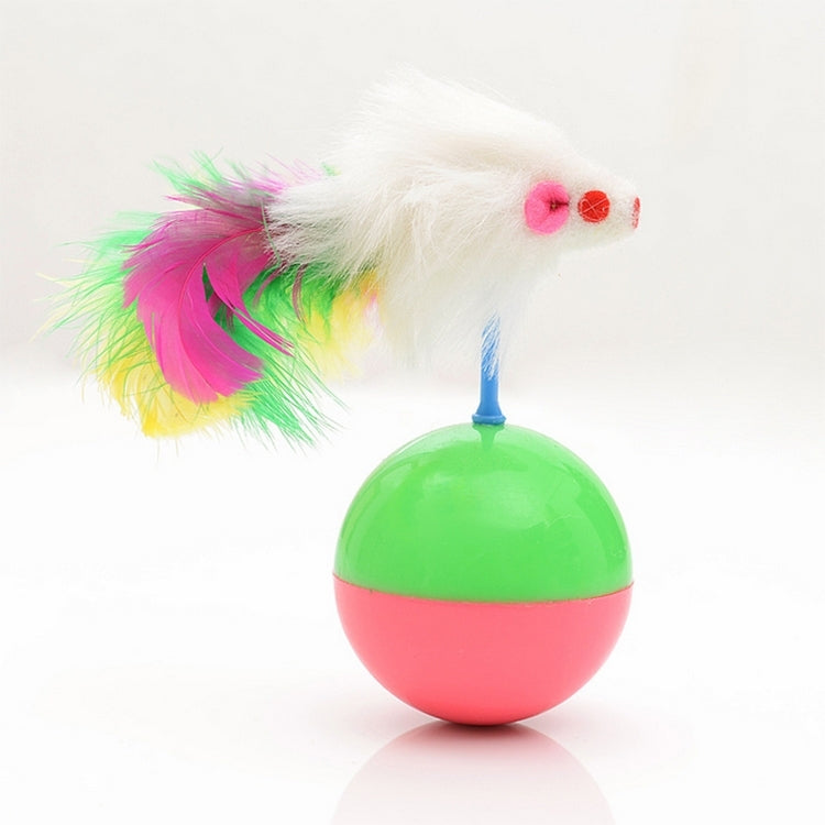 Cat feather mouse toy with green-and-pink plastic ball and blue support stem