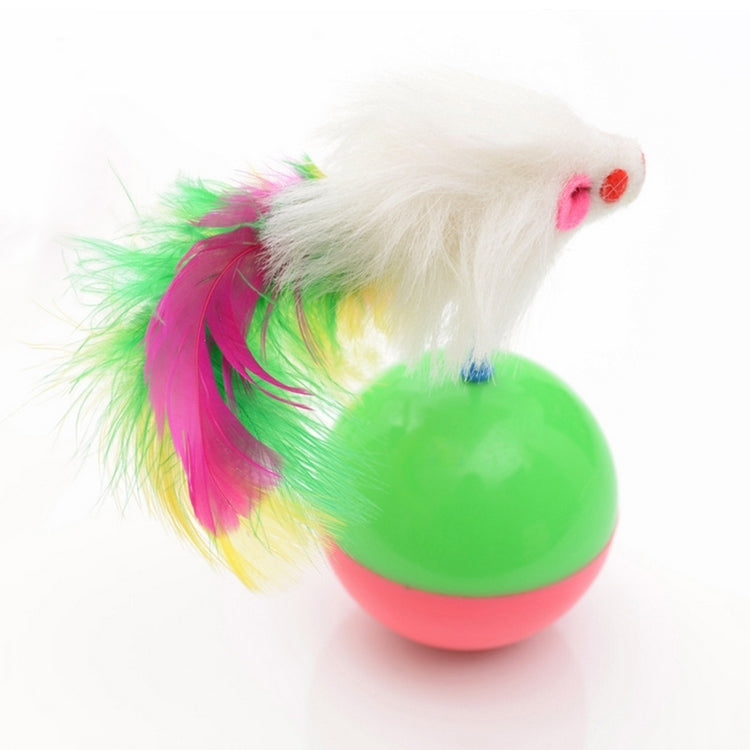 Cat feather mouse toy with colorful feather tail and green-and-pink plastic ball