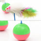 Cat feather mouse toy with white mouse head, colorful feathers, and green-pink ball