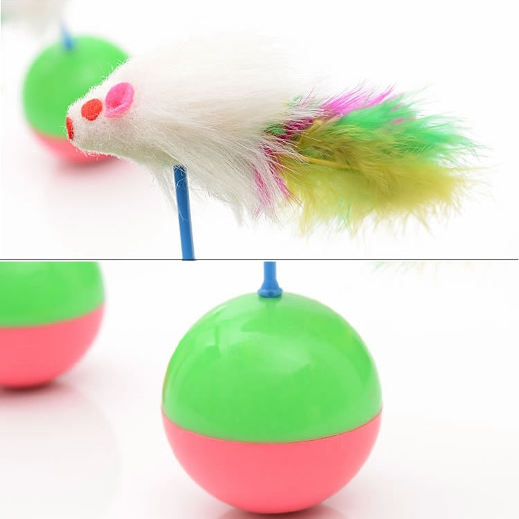 Cat feather mouse toy with white mouse head, colorful feathers, and green-pink ball