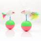 Two cat feather mouse toys with green-and-pink plastic balls and blue stems