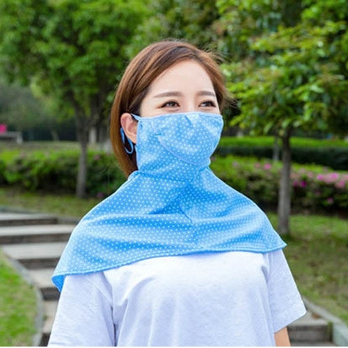 Anti-UV riding neck protector mask, light blue dot pattern with face mask and neck drape