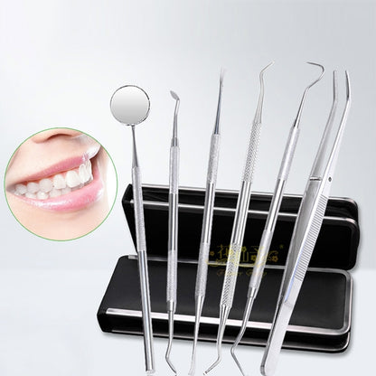 Stainless steel 6-in-1 dental tool set with mouth mirror and probes in organizer