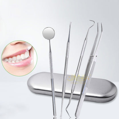 4-in-1 dental tool set with stainless tools on a metal display stand