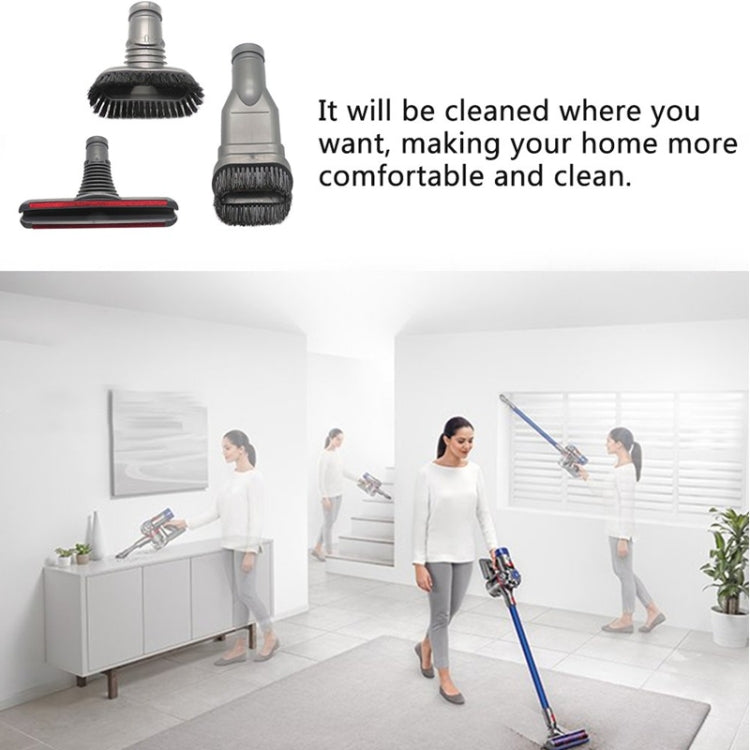3 vacuum brush heads with black bristles and gray bases for home cleaning